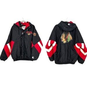 Vintage Starter Black Hawks Hooded Zip Puffer Jacket Large Red Black
